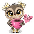 Cartoon owl with pink Cup of coffee