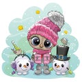 Cartoon Owl in a pink hat and scarf with two snowmen Royalty Free Stock Photo