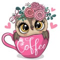 Cartoon owl is sitting in a Cup of coffee