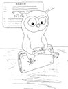 Cartoon owl with ticket sitting on bag. Monochrome hand drawn stock vector illustration for web