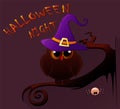 Cartoon owl in witch hat sitting on the branch. Halloween icon. Royalty Free Stock Photo