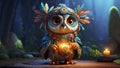 Cartoon owlet in shamanic costume. Generative AI
