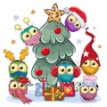 Cartoon Owls near the Christmas tree