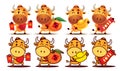 Cartoon Ox character series. Cartoon cute Ox character set holding Red Packet, Tangerine Orange, Gold Ingot and Scroll couplet Royalty Free Stock Photo