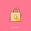 Cartoon padlock icon in comic style. Lock, unlock illustration pictogram. Locker sign splash business concept