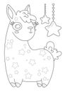 Cartoon page for coloring book with lama and stars, vector illustration