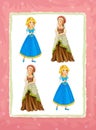 Cartoon page with medieval characters queen or princess / game with shapes