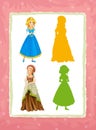 Cartoon page with medieval characters queen or princess / game with shapes