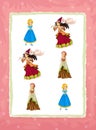 Cartoon page with medieval characters queen or princess / game with shapes