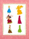 Cartoon page with medieval characters queen or princess / game with shapes