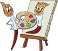 A cartoon paint brush holding a palette in his hands painting a picture of his girlfriend vector illustration
