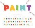 Cartoon paint font for kids design. Bright colorful ABC letters and numbers. Funny hand drawn alphabet. For posters Royalty Free Stock Photo
