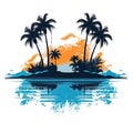 Cartoon palm tree sunset beach graphic with a summer atmosphere and a circular composition on a white background Royalty Free Stock Photo