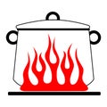 Cartoon pan with the lid closed on a red gas stove. Vector image kitchen pan in the fire. Vector illustration