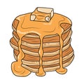 Cartoon pancakes. Pile of delicious pancakes with maple syrup and butter Vector illustration of delicious breakfast food. Royalty Free Stock Photo