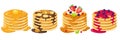 Cartoon pancakes. Stacks of tasty pancakes with maple syrup, butter, chocolate syrup, fruits and jam. Delicious