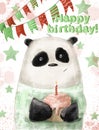 cartoon panda with birthday cake, watercolor illustration, holiday birthday card