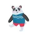 Cartoon panda character walking with smiling muzzle. Black and white bamboo bear in t-shirt and shorts. Flat vector