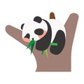 Cute Cartoon Baby Panda. Panda climbing on tree, holding on to trunk. Panda eating bamboo