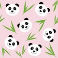 Cartoon panda face seamless pattern. Cute childish pink background with panda bear kawaii face and bamboo leaves