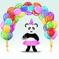 Cartoon panda girl in party hat with birthday cake standing under birthday balloon arch. Birthday background.