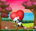 Cartoon panda hold red heart in the pink park