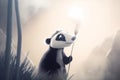 a cartoon panda holding a feather in a foggy forest