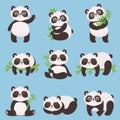 Cartoon panda kids. Little pandas, funny animals with bamboo and cute sleeping panda bear vector illustration set Royalty Free Stock Photo