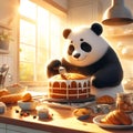 a cartoon panda sitting in front of a round chocolate cake with white frosting