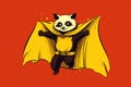 cartoon panda superhero over red background.