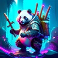 Cartoon panda warrior in armor with sword and shield. 3d illustration AI generated