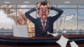 Cartoon panicking man in the office of a skyscraper whose window is on fire Royalty Free Stock Photo