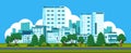 Cartoon panorama city. Park landscape with urban street and houses, cityscape with skyline of office buildings. Vector Royalty Free Stock Photo