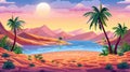 Cartoon panorama of a desert sunset or sunrise. Palm trees and plants in hot dry safari landscape with dune hills, water Royalty Free Stock Photo