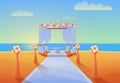 Cartoon panorama of the seashore with equipment for the wedding ceremony