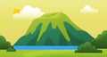 Cartoon panorama of spring summer beautiful nature, green grasslands meadow, mountaine with forest Jeju Royalty Free Stock Photo