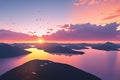 Cartoon panorama of summer with lake, mountains on horizon background, mountain lake landscape generative ai Royalty Free Stock Photo