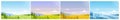 Cartoon panoramic countryside natural scenery, farmland fields on hills, forest on horizon in summer spring autumn