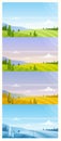 Cartoon panoramic countryside natural scenery in summer spring autumn winter background. Nature landscape in different