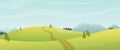 Cartoon panoramic view of summer day nature in. Mountains, fields and hills with snow-capped peaks, trees, firs. A path leading