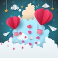 Cartoon paper air landscape. Cloud, airplane, heart, love, star.