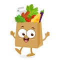 Cartoon paper bag character with groceries. Food in a shopping bag. Supermarket food products. Vector illustration Royalty Free Stock Photo