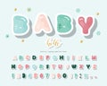 Cartoon paper cutout font. Cute alphabet for girls, baby shower, birthday design. Pastel colors. Vector