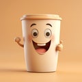 cartoon paper disposable glass of coffee to go close-up with a funny face on a light background. cafe to go. Ecological packaging