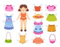 Cartoon paper doll. Cute girl toy with summer clothes collection for dress up, cut and play retro game vector