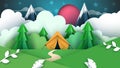 Cartoon paper illustration. Tent, cloud, mountain, star, tree, forest.