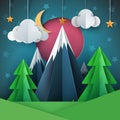 Cartoon paper landscape. Fir, mountain, moon, star illustration.