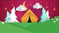 Cartoon paper landscape. Tent, Christmas tree, cloud, sky, star llustration.