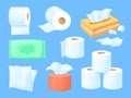 Cartoon paper towel. Papers tissue box wc toilet roll, flatly napkins for wipe nose, wet sanitary wrap napkin clean Royalty Free Stock Photo