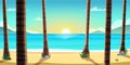 Cartoon paradise wild sandy seashore with beautiful seaside view. Sunset or dawn on the clean sandy beach Royalty Free Stock Photo